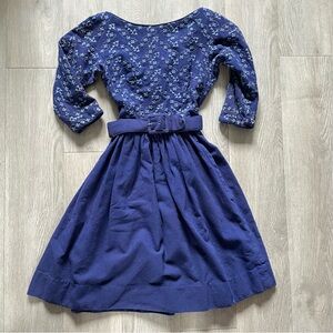 Vintage Hand Made Navy blue dress with floral embroidery and belt